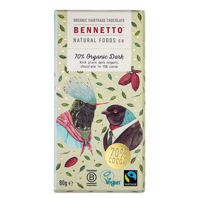Bennetto Fairtrade Chocolate 70% Original Dark 80g - Box of 12