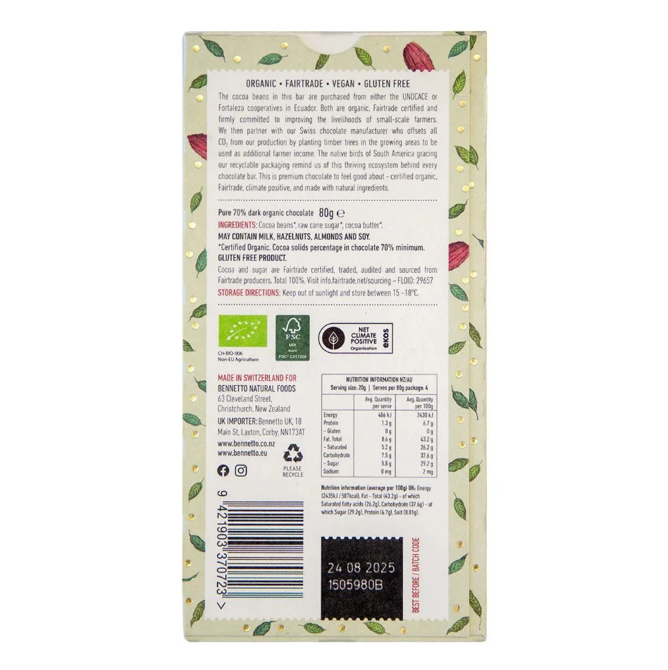 Bennetto Fairtrade Chocolate 70% Original Dark 80g - Box of 12 - Image 2