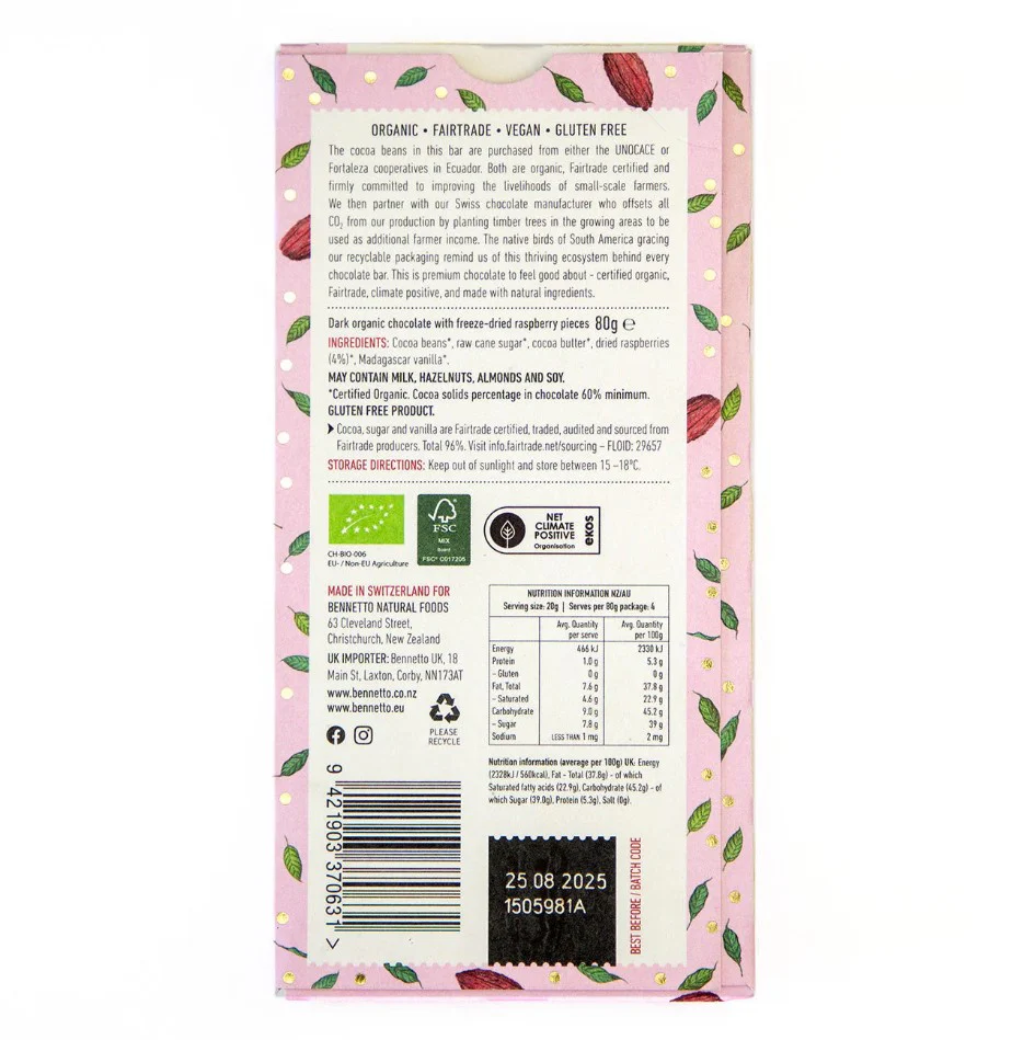 Bennetto Fairtrade Chocolate Raspberry in Dark 80g - Box of 12 - Image 2
