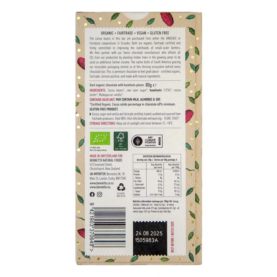 Bennetto Fairtrade Chocolate Toasted Hazelnut 80g - Box of 12 - Image 2
