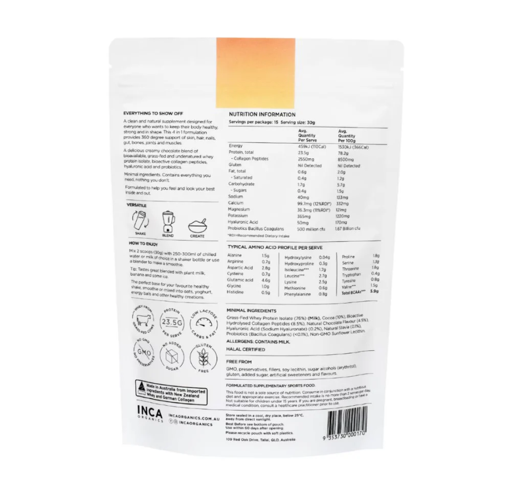 Inca Wellness Skin Body Gut Collagen Whey Protein Chocolate 450g - Image 2